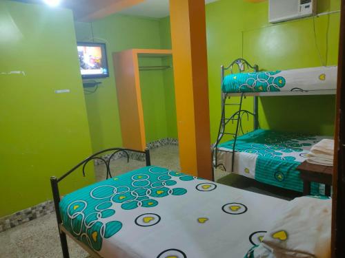 2 literas en una habitación con paredes verdes en Hotel Eloy Alfaro, en Guayaquil