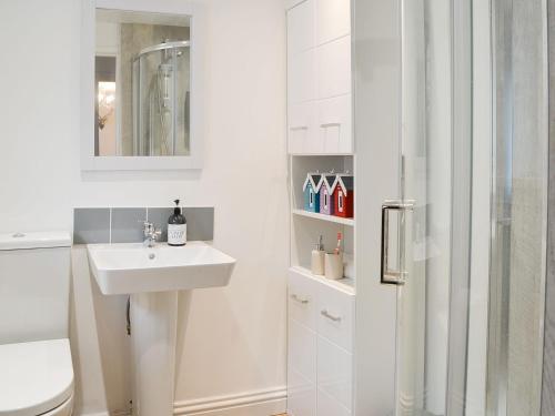 bagno bianco con lavandino e doccia di Thistle Cottage a Portpatrick