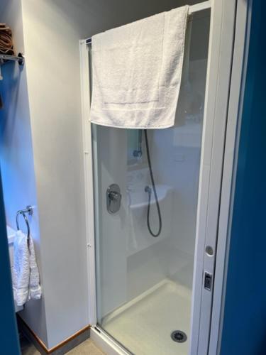 a shower with a glass door in a bathroom at Treetops Cottage at the Castle in Whitianga