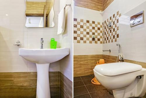 two pictures of a bathroom with a sink and a toilet at Ajantha Komforts, Bengaluru in Bangalore