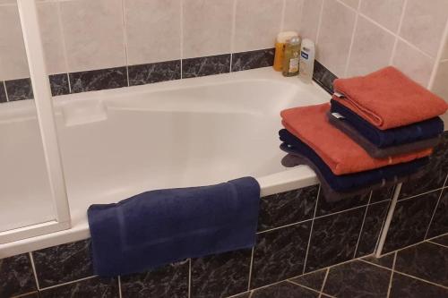 ein Badezimmer mit einer Badewanne und Handtüchern darauf in der Unterkunft Appt centre ville "Parc Olympe de Gouges" avec garage in Annemasse