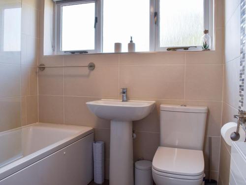 a bathroom with a sink and a toilet and a bath tub at Ty Draw in Rhuddlan