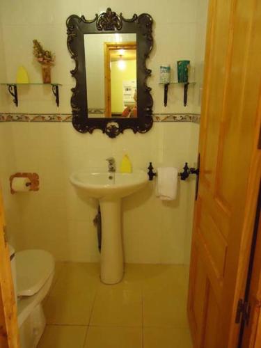 a bathroom with a toilet and a sink and a mirror at El Salto del Agua Auténtico El Molino de la Cascada Orbaneja in Orbaneja del Castillo