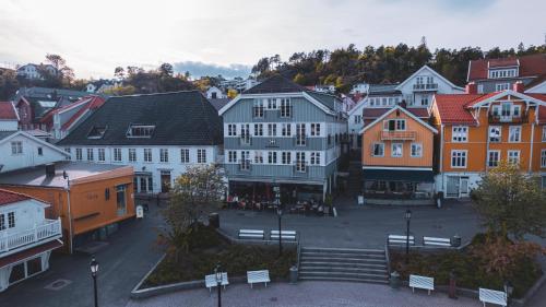an aerial view of a town with buildings at Kragerø Hotell in Kragerø
