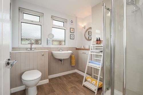 a bathroom with a shower and a toilet and a sink at 5 Norton Park in Dartmouth