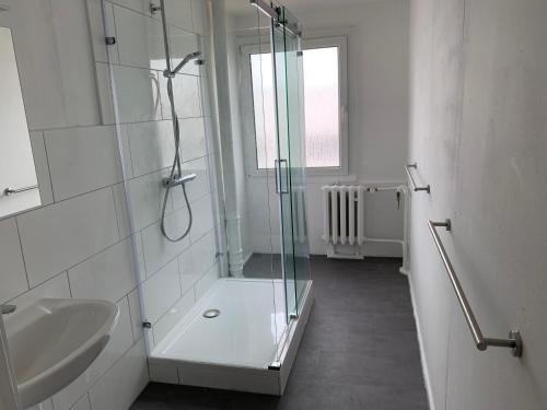 ein Bad mit einer Glasdusche und einem Waschbecken in der Unterkunft Wohnung 85 qm Kalimandscharo 1 in Zielitz - Magdeburg in Zielitz