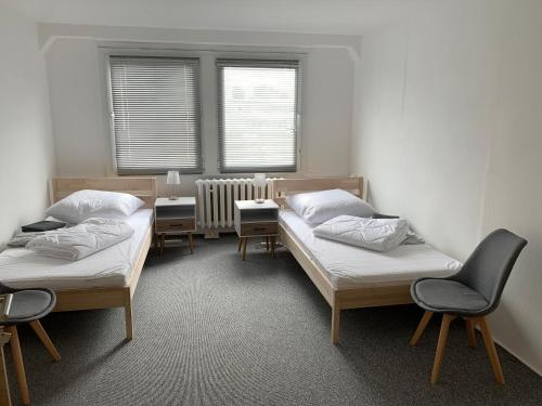 Wohnung 85 qm Kalimandscharo 1 in Zielitz - Magdeburg في Zielitz: غرفة بسريرين وطاولة وكراسي