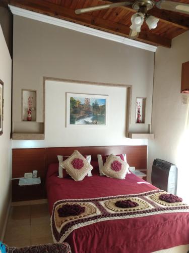 Un dormitorio con una gran cama roja con almohadas en Departamentos San Pedro en San Pedro