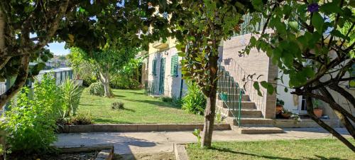 a house with a yard with trees and stairs at Casa dos avós in Canas de Senhorim