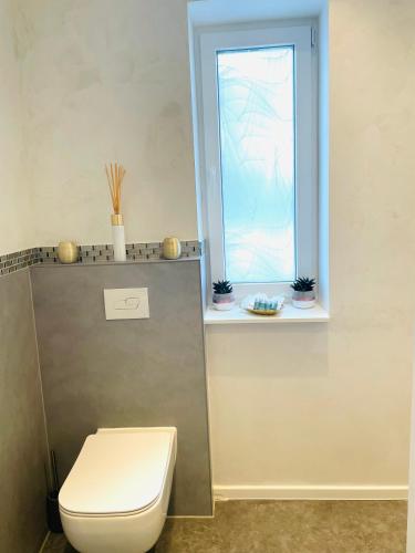 a bathroom with a toilet and a window at Ferienwohnung Appartamento Da Vinci in Eisenach