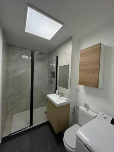 une salle de bain avec toilettes, lavabo et douche dans l'établissement Grand studio proche versailles château, à Le Chesnay