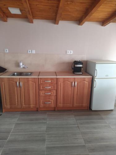 eine Küche mit Holzschränken und einem weißen Kühlschrank in der Unterkunft ИВАНЕЛИ in Saparewa Banja