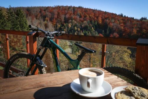 ザンクト・アンドレーアスベルクにあるHarz BnB Werkmeisterの自転車付きのテーブルに座ってコーヒーを楽しめます。