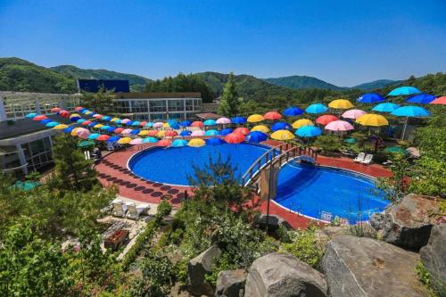 a pool with colorful umbrellas and a bunch of chairs at Berion Reosrt in Pyeongchang