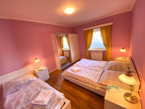 a bedroom with two beds and a mirror at Sole 4 Garten Ferienwohnung mit Pool EG in Colico