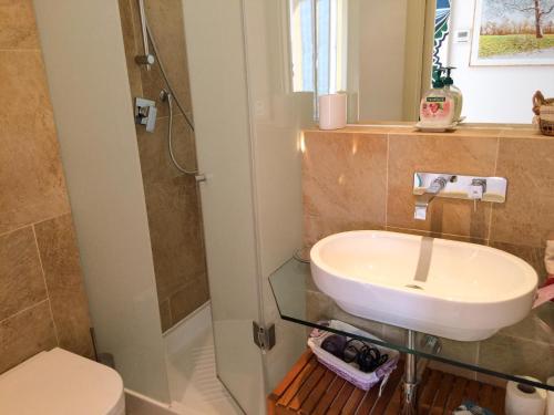 a bathroom with a sink and a shower at Nido di Veronica See-Ferienwohnung in Bellano