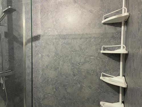 un bagno con doccia in vetro e scaffali di Clarkes 1st floor Apartment Leslie- Golf Paradies a Leslie