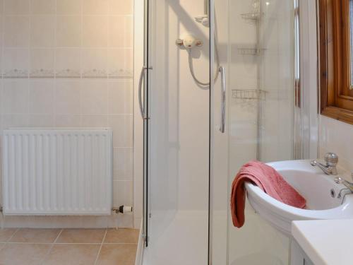 a bathroom with a shower and a sink and a toilet at Bridge Street Close in Cockermouth