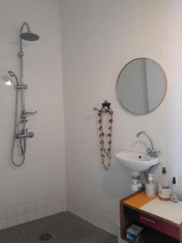 a bathroom with a sink and a mirror at Chouette Cabanon sur la plage vue mer et terrasse privée in Marseille