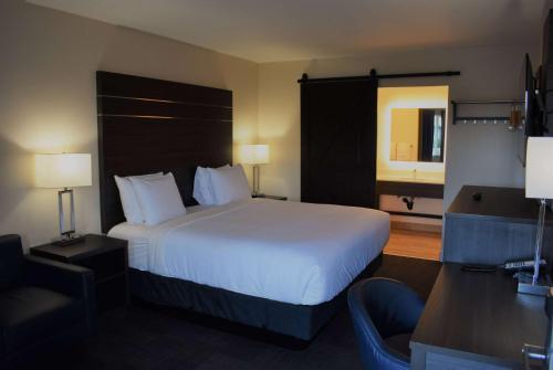 Habitación de hotel con cama grande y escritorio. en Travelodge by Wyndham Santa Rosa Wine Country, en Santa Rosa