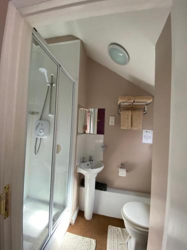 een badkamer met een douche, een toilet en een wastafel bij White Heather Guest House in Mablethorpe