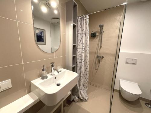 a bathroom with a sink and a shower and a toilet at Jauna Teika Cosy 1bdr apartment, self check-in in Rīga