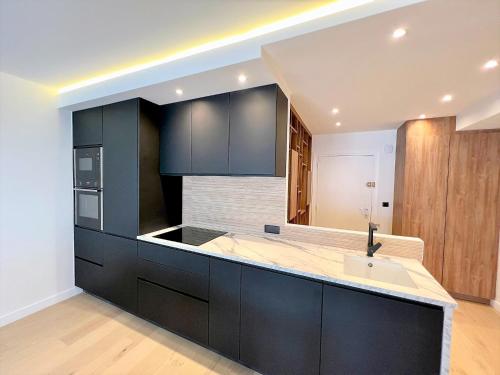 - une cuisine avec des placards noirs et un évier dans l'établissement Agence AICI - Appartements Gray d'Albion, à Cannes