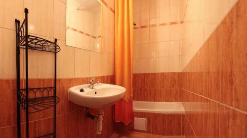 La salle de bains est pourvue d'un lavabo et d'une baignoire. dans l'établissement Hotel Cementář, à Hranice