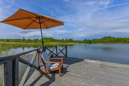 a chair sitting on a dock with an umbrella at Beržų namelis - Birch cabin in Kučiūnai