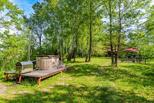 a wooden bench in a park with a picnic table at Beržų namelis - Birch cabin in Kučiūnai