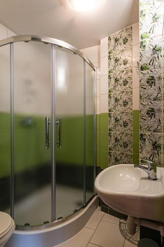 a bathroom with a shower and a sink at Willa Podhalanka Jacuzzi & sauna - drewniany dom dla 20 osób in Biały Dunajec