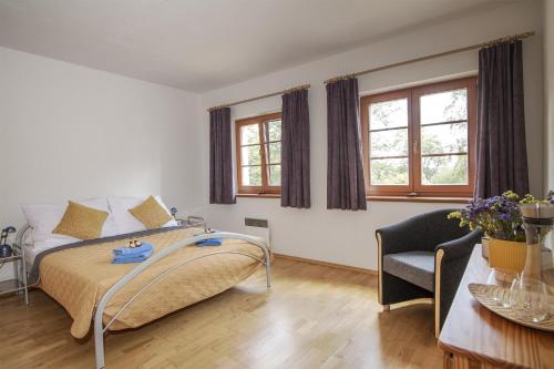 a bedroom with a bed and a chair and windows at Penzion Linden in Oldřiš