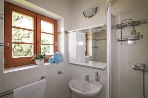 W białej łazience znajduje się umywalka i lustro. w obiekcie Penzion Linden 
