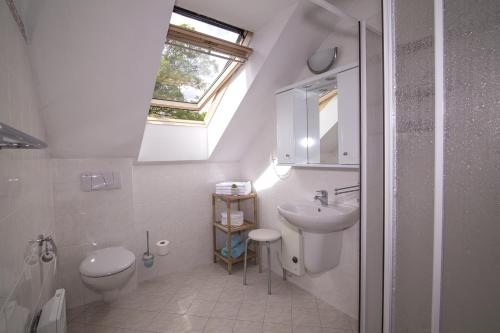 a bathroom with a sink and a toilet and a window at Penzion Linden in Oldřiš