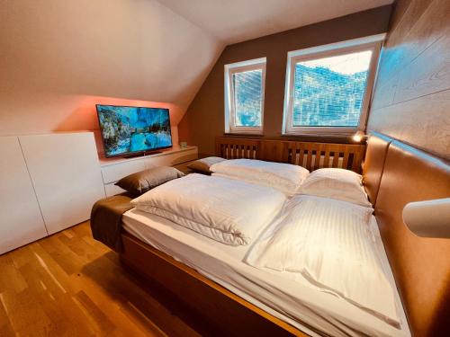 什科菲亞洛卡的住宿－Na Vasi restavracija in prenočišča，一间卧室设有一张大床和两个窗户。