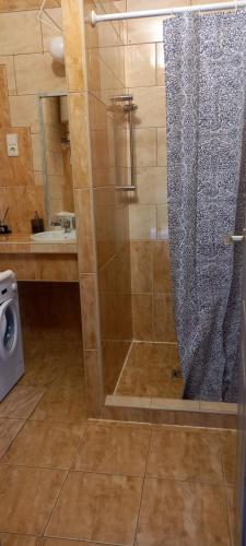 a bathroom with a shower with a shower curtain at Ov152 Apartman in Budapest