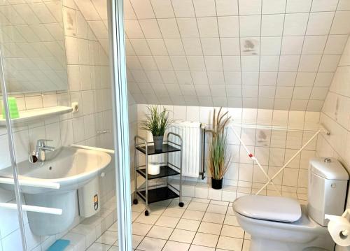a bathroom with a toilet and a sink at Ferienwohnung "Ferieneck OG" in Sankt Peter-Ording