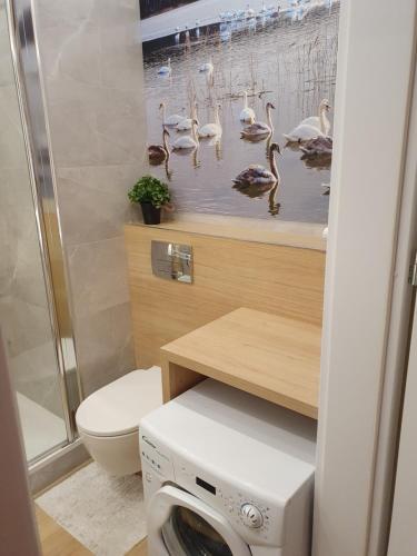 łazienka z toaletą i pralką w obiekcie Apartament Gliwice Górnych Walów w mieście Gliwice