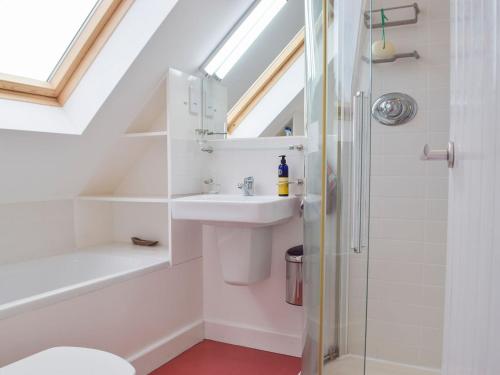 a bathroom with a sink toilet and a shower at Collingwood Cottage in Marloes