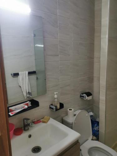 a bathroom with a sink and a toilet and a mirror at mehdiya plage in Kenitra
