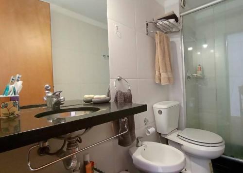 bagno con servizi igienici, lavandino e specchio di Zabalita, hermoso y cálido loft en la Ciudad Vieja a Montevideo