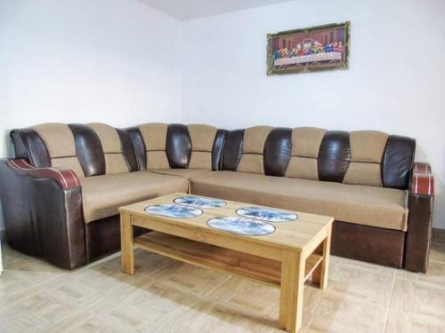 a brown leather couch in a living room with a coffee table at Cabana Trif in Horea