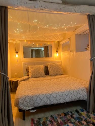 a bedroom with a bed and a mirror at Gîte de charme bain nordique & vieilles pierre classé 3 étoiles Le Prestadou in Arcambal