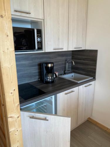 une cuisine avec un évier et un micro-ondes dans l'établissement Studio magnifique saint Gervais les bains, à Saint-Gervais-les-Bains