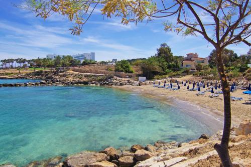 a beach with a bunch of chairs and the water at Lucile - Coralli Beachfront Apartment in Paralimni