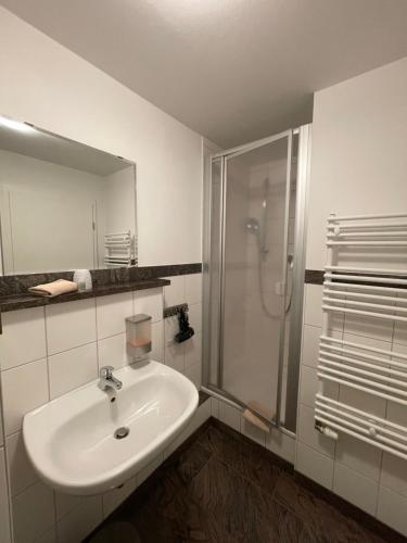 biała łazienka z umywalką i prysznicem w obiekcie Waldgasthaus Balsamine w mieście Weimar