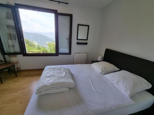 OssèsにあるMaison de vacances vue exceptionnelle sur les montagnes basqueの大きな窓付きの客室のベッド1台分です。