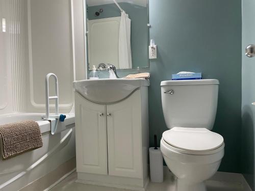 a bathroom with a white toilet and a sink at Rivers End Motel in Corner Brook
