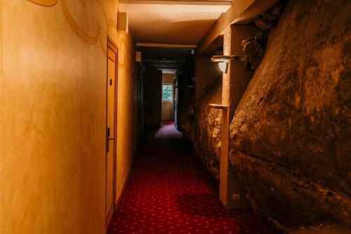 an empty corridor with a red carpet in a hallway at Hôtel Le Cro-Magnon in Les Eyzies-de-Tayac