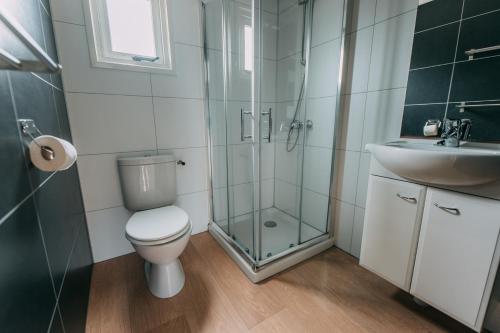 a bathroom with a shower and a toilet and a sink at Rijk aan Zee Ecolodges in Wijk aan Zee